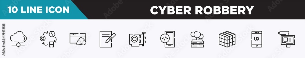 set of 10 outline cyber robbery icons. editable thin line icons such as cloud network, transformation, rootkit, text editor, vga card, mobile development, cloud servers vector illustration. set of 10 outline cyber robbery icons. editable thin line icons such as cloud network, transformation, rootkit, text editor, vga card, mobile development, cloud servers vector illustration.