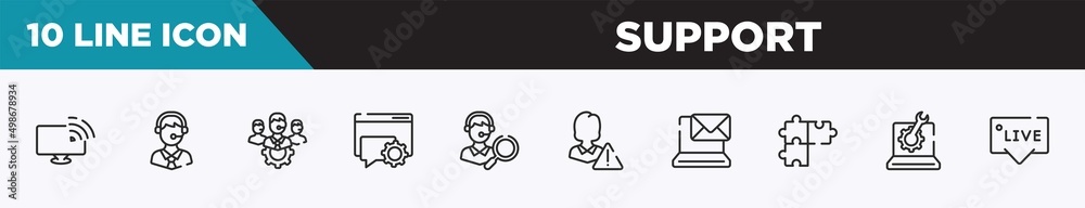 set of 10 outline support icons. editable thin line icons such as satellite tv, call centre, technical support team, online help, looking for a solution, customer problem, email on computer vector set of 10 outline support icons. editable thin line icons such as satellite tv, call centre, technical support team, online help, looking for a solution, customer problem, email on computer vector