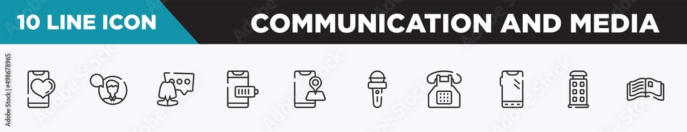 set of 10 outline communication and media icons. editable thin line icons such as phone with heart, man with speech bubble, woman with speech bubble, smartphone battery, map on phone, news set of 10 outline communication and media icons. editable thin line icons such as phone with heart, man with speech bubble, woman with speech bubble, smartphone battery, map on phone, news