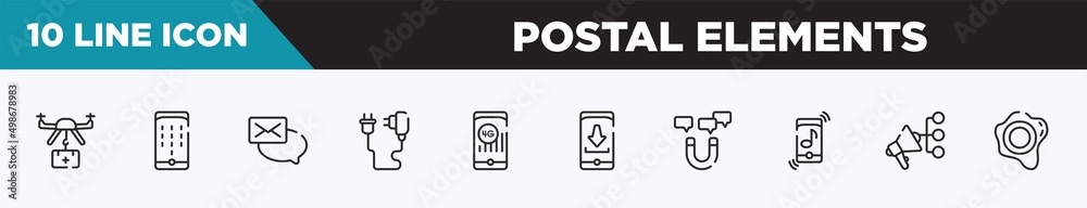 set of 10 outline postal elements icons. editable thin line icons such as medical assistance, dial pad, emails, phone charger, 4g, install, magnetic vector illustration. set of 10 outline postal elements icons. editable thin line icons such as medical assistance, dial pad, emails, phone charger, 4g, install, magnetic vector illustration.