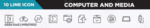 set of 10 outline computer and media icons. editable thin line icons such as media end, music on cloud, media play, spreadsheet with sum, internet configuration tings, ftp upload, network