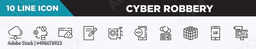 set of 10 outline cyber robbery icons. editable thin line icons such as cloud network, transformation, rootkit, text editor, vga card, mobile development, cloud servers vector illustration.