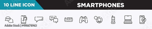 set of 10 outline smartphones icons. editable thin line icons such as speech bubbles with ellipsis, phone music, rectangular speech bubble, speech bubble, handheld game console, ps4 gamepad, female