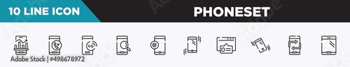 set of 10 outline phoneset icons. editable thin line icons such as business stats on phone, incoming call, 4g technology, searching by phone, mobile email, mobile phone vibrating, pop up vector