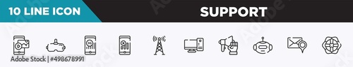 set of 10 outline support icons. editable thin line icons such as gif, virtual reality glasses, , no, telecommunication, desktop computer, strenght vector illustration.