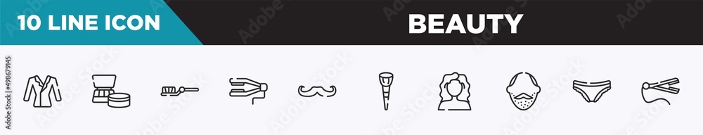 set of 10 outline beauty icons. editable thin line icons such as suit on hanger, cosmetics products, teeth brush, straighten, long hipster moustache, makeup brush, curly hair vector illustration. set of 10 outline beauty icons. editable thin line icons such as suit on hanger, cosmetics products, teeth brush, straighten, long hipster moustache, makeup brush, curly hair vector illustration.