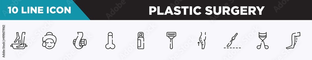 set of 10 outline plastic surgery icons. editable thin line icons such as soak, glowing skin, curl, , hair spray, shaving, lifting vector illustration.