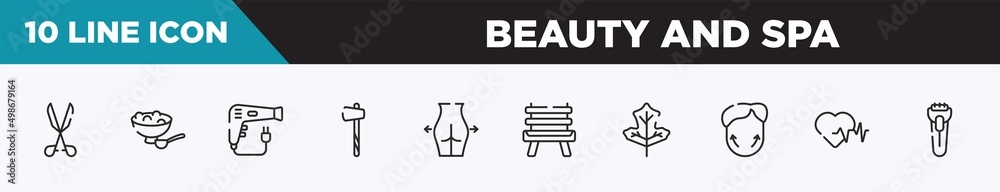 set of 10 outline beauty and spa icons. editable thin line icons such as medical tools, salt, dryer, ax, gluteus, wooden chair, oak vector illustration. set of 10 outline beauty and spa icons. editable thin line icons such as medical tools, salt, dryer, ax, gluteus, wooden chair, oak vector illustration.