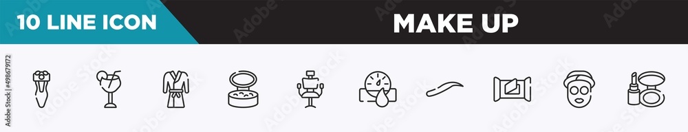 set of 10 outline make up icons. editable thin line icons such as electric shaver, margarita, robe, powder, hairdresser chair, hydrometer, eyebrows vector illustration. set of 10 outline make up icons. editable thin line icons such as electric shaver, margarita, robe, powder, hairdresser chair, hydrometer, eyebrows vector illustration.