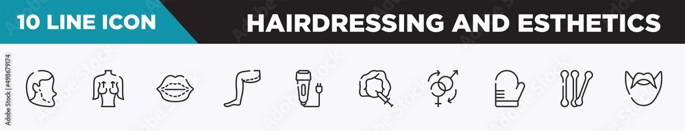 set of 10 outline hairdressing and esthetics icons. editable thin line icons such as implant, mastopexy, lip augmentation, thigh, electric razor, mesotherapy, sex reas vector illustration.