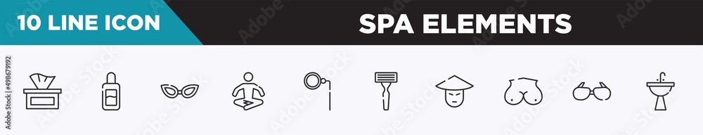 set of 10 outline spa elements icons. editable thin line icons such as tissues, makeup remover, cat eye glasses, relaxation, monocle, shaving razor, asian vector illustration. set of 10 outline spa elements icons. editable thin line icons such as tissues, makeup remover, cat eye glasses, relaxation, monocle, shaving razor, asian vector illustration.