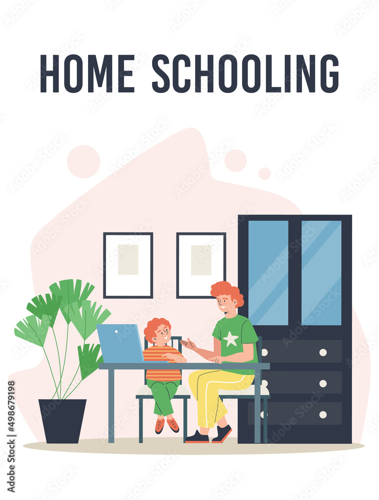 Homeschooling banner with father and child studying, flat vector illustration.