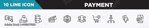 set of 10 outline payment icons. editable thin line icons such as refund, wage, oil barrel, debit card, , peer to peer, add to cart vector illustration.