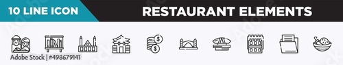 set of 10 outline restaurant elements icons. editable thin line icons such as holy family, bookshelves, chartres cathedral, memorial hall, dollar coins, stari most, dprmpr building vector