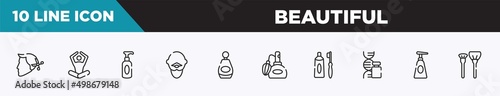 set of 10 outline beautiful icons. editable thin line icons such as hairstyle, meditation, soap for hands, bold man with moustache, beauty perfume, perfume retro bottle, tooth paste and brush vector