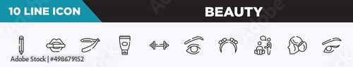 set of 10 outline beauty icons. editable thin line icons such as eye pencil, women lipstick, barber knife, sun protection, weightlift, eye with lines, headbands vector illustration.