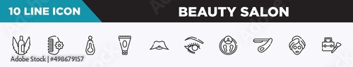 set of 10 outline beauty salon icons. editable thin line icons such as aloe vera, hair clamp, big perfume bottle, anti aging cream, big moustache, eye make up, big scale vector illustration.