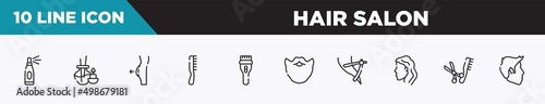 set of 10 outline hair salon icons. editable thin line icons such as hairspray, aromatherapy, liposuction, one comb, clipper, beard, razor to cut hairs vector illustration.