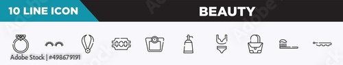 set of 10 outline beauty icons. editable thin line icons such as diamond ring, grace, pluck, razorblade, weighing scale, null, underwear vector illustration.