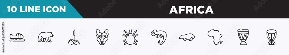 set of 10 outline africa icons. editable thin line icons such as sled, carnivore, cattail, siberian husky, mite, chameleon, mole vector illustration.