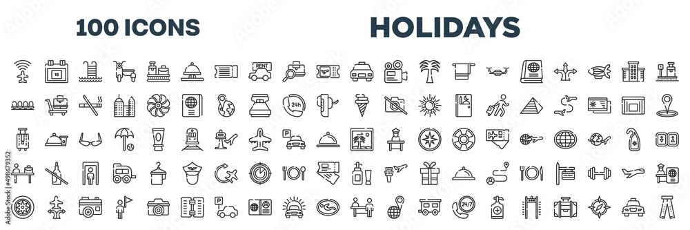 set of 100 outline holidays icons. editable thin line icons such as airport flight info, taxi frontal vehicle, waiting room, icecream cone, bag for travel, vacation images, car parts, persons in an