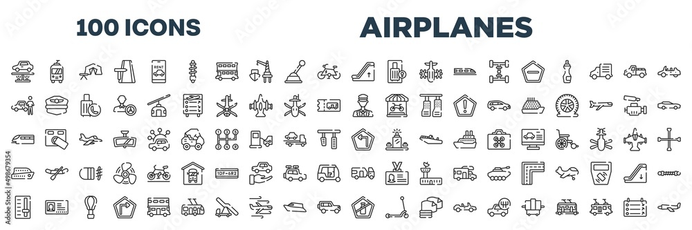 set of 100 outline airplanes icons. editable thin line icons such as undercarriage, or up, authorized dealer, ticket collector, monorail, left turn, gearbox, no liquid stock vector. set of 100 outline airplanes icons. editable thin line icons such as undercarriage, or up, authorized dealer, ticket collector, monorail, left turn, gearbox, no liquid stock vector.