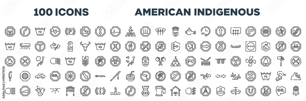 set of 100 outline american indigenous icons. editable thin line icons such as death, windshield defrost, null, no shower, fire warning, native american axes, high beam, fuel filling stock vector.