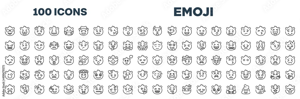 set of 100 outline emoji icons. editable thin line icons such as nerd emoji, dog emoji, nervous calm disappointed yelling disgusted grinning stock vector.