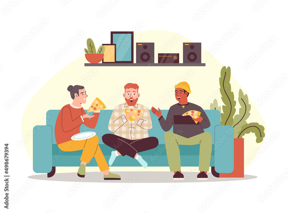 Friends male characters eating pizza at home, flat vector illustration isolated.