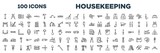 set of 100 outline housekeeping icons. editable thin line icons such as big double wrench, bread knife, road panel, cleaver, mezzaluna, leather cutter, hammer facinf left, null stock vector.