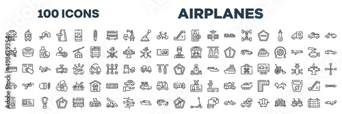 set of 100 outline airplanes icons. editable thin line icons such as undercarriage, or up, authorized dealer, ticket collector, monorail, left turn, gearbox, no liquid stock vector.