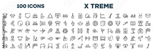 set of 100 outline x treme icons. editable thin line icons such as chest guard, whey protein, hostess, bodybuilder, seagulls, elbow pads, body mass index, treadmill hine stock vector.