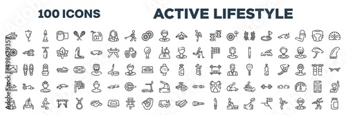 set of 100 outline active lifestyle icons. editable thin line icons such as bobsled, hang gliding, burnout, karateka, telemetry, , horsewoman, hockey puck stock vector.