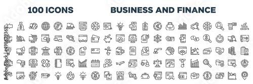 set of 100 outline business and finance icons. editable thin line icons such as two left arrows, eticket, rocket launch monitor, webcode, light modern lamp tool, content management, study light,