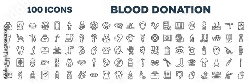 set of 100 outline blood donation icons. editable thin line icons such as doctor briefcase, stretch, butt, brushing teeth, dental drill, ventilator, sterilization, drop medicine stock vector.