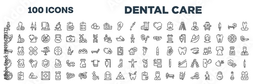 set of 100 outline dental care icons. editable thin line icons such as male surgeon wearing uniform, medicine dropper, veneer, wounded man, man in bed, disaster, radioactive danger, hypersensitive