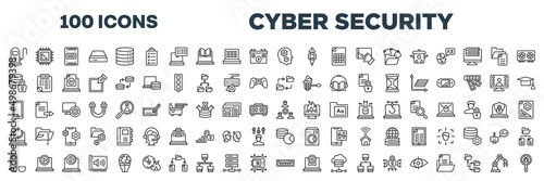 set of 100 outline cyber security icons. editable thin line icons such as electric station, thought, data encryption, data synchronization, mobile phones, work team, usb flash drive, usb port stock