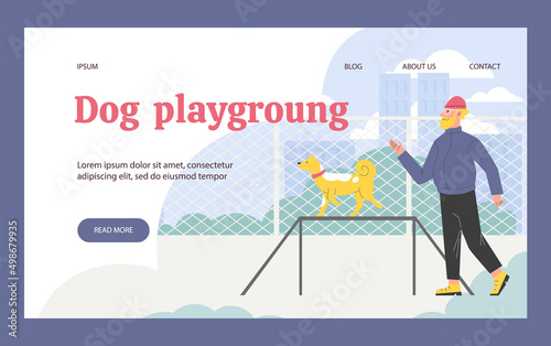 Dog playground web banner or poster template flat vector illustration.