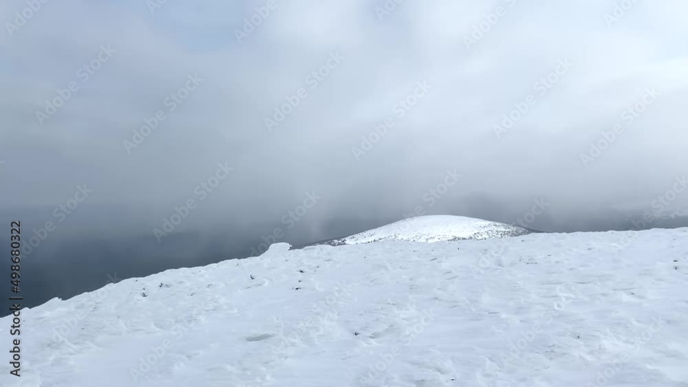 Panorama of snow-covered forests, fields, hills and slopes. Beautiful winter landscape. Walking through the expanses of Russia, Komi Republic.