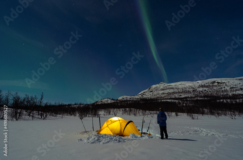 Woman looking at the Nothern lights, aurora borealis, above a tent in Swedish Lapland. photo