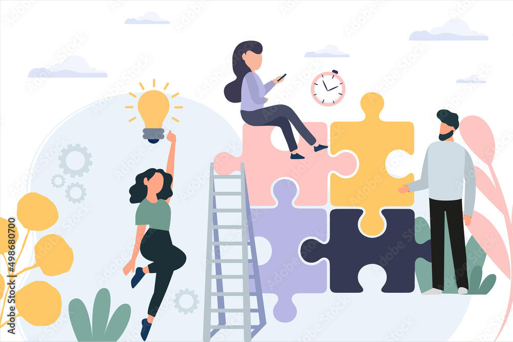 Obraz premium Cooperation businessman teamwork team.Business Puzzle. Vector Illustration