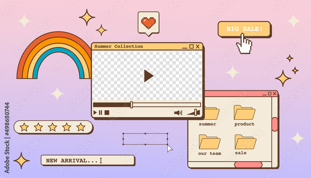 Vaporwave desktop wallpaper template for sale advertisment. Abstract vintage  aesthetic background. 80s 90s old computer user interface dialog window and  video player. Nostalgic retro computer. Vector. Stock Vector | Adobe Stock