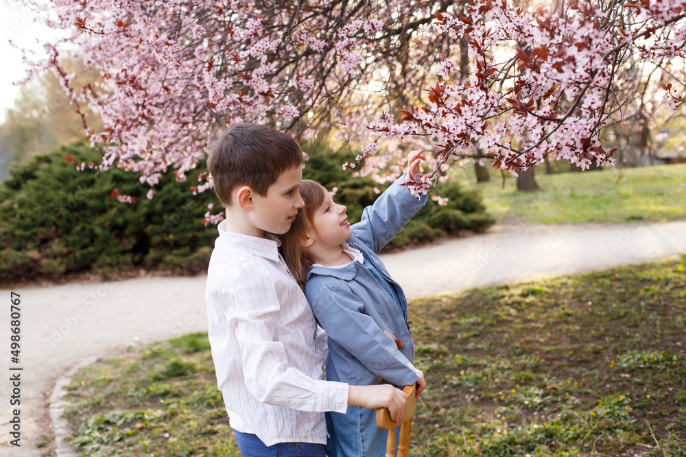 Little brother and sister in the spring garden looking at a flowering tree Little brother and sister in the spring garden looking at a flowering tree
