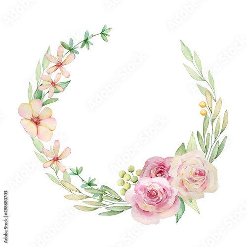 Watercolor delicate floral wreath with roses