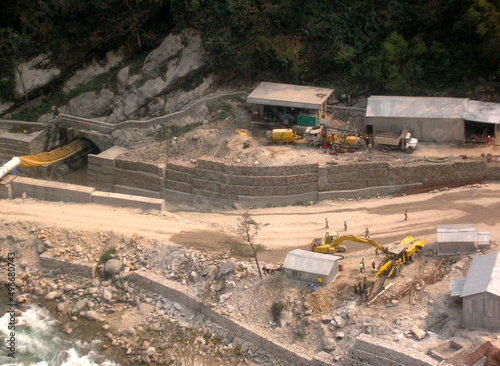 A panoramic view of work in progress at Teesta State III Hydro Power Project in Chungthang in North Sikkim, India. This is the 3rd power project of NHPC which may produce 1200 megawatt electric power. photo