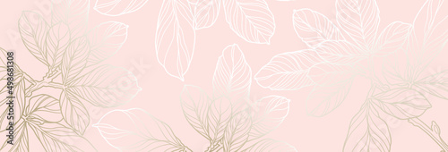 Luxury floral pattern with gold leaves on a pastel pink background. Vector illustration with plant elements in line art style for covers, advertisements, wedding invitations, cards, wallpapers 
