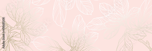 Luxury floral pattern with gold leaves on a pastel pink  background. Vector illustration with plant elements in line art style for covers, advertisements, wedding invitations, cards, wallpapers 
