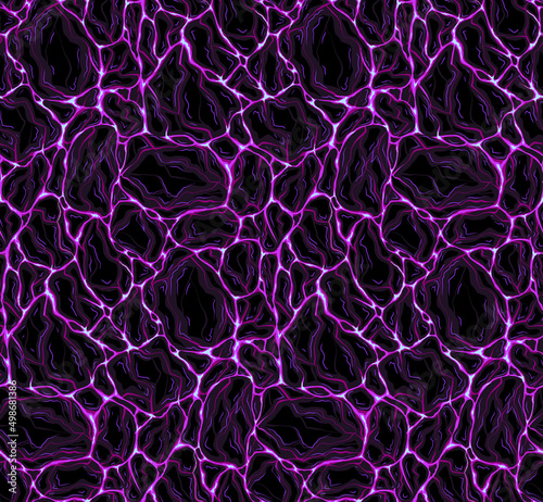 Vector eamless neon pattern of violet flowing water with stones. Plasma from molten rock. Cyber eruption with Earthquake.