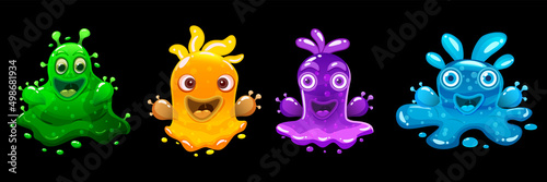 Collection Slime Monsters colorful glitter characters. Liquid funny slimy aliens. Vector illustration