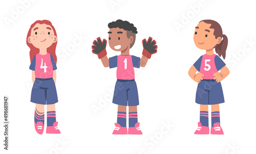 Little boy and girls soccer players in sports uniform cartoon vector illustration